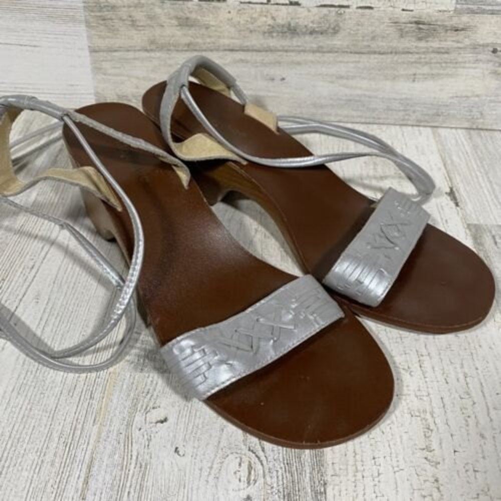Vtg Y2K Women's Size 8.5 Wooden Block Heel Sandals Leather Metallic Gladiator